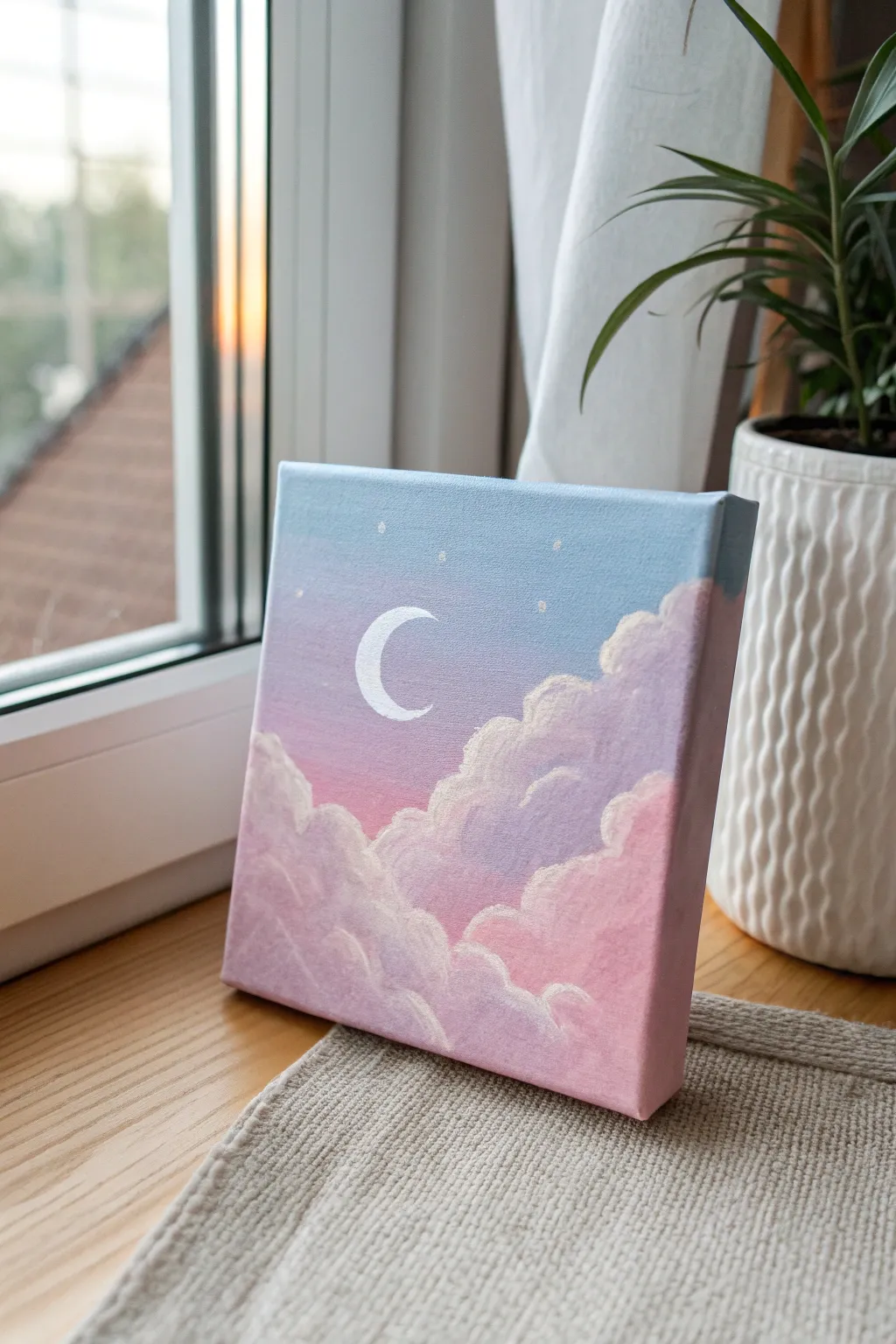 Dreamy pastel sky mini canvas with a crisp crescent moon and fluffy clouds to paint