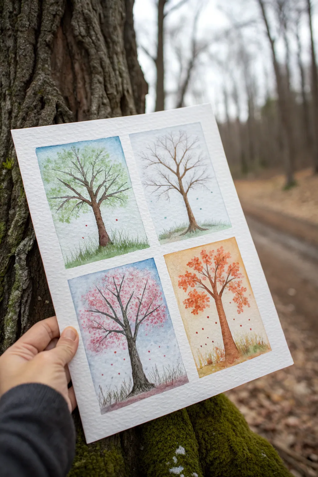 Four seasons tree in a simple grid, made with easy dabbing and dot leaves for kids to copy.