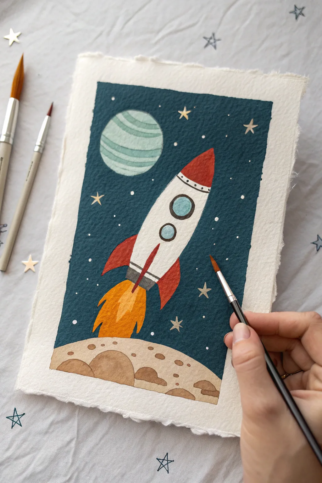 Minimal rocket blastoff painting: bold flame, dark space, and a clean planet horizon curve