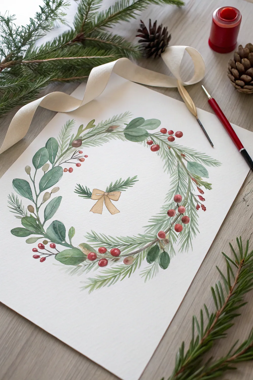 Classic wreath painting inspiration: loose greenery, red berries, and a soft bow for gifting.