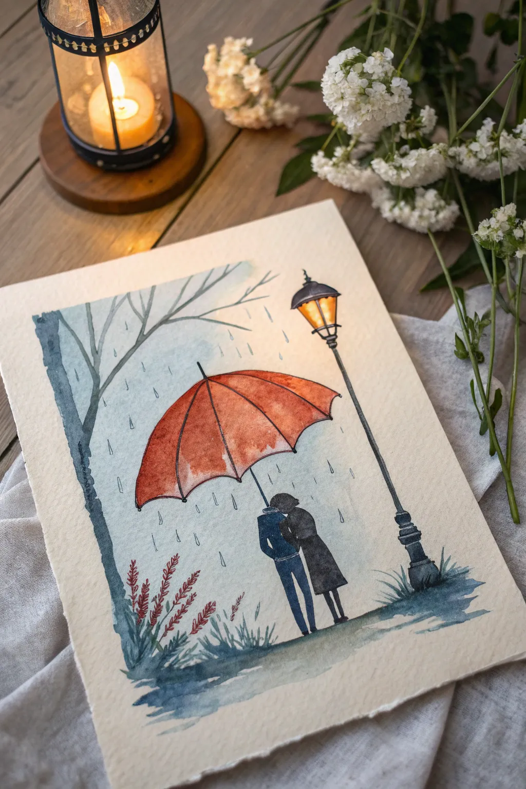 Romantic rainy umbrella watercolor with warm streetlamp glow, a sweet painting idea for your girlfriend