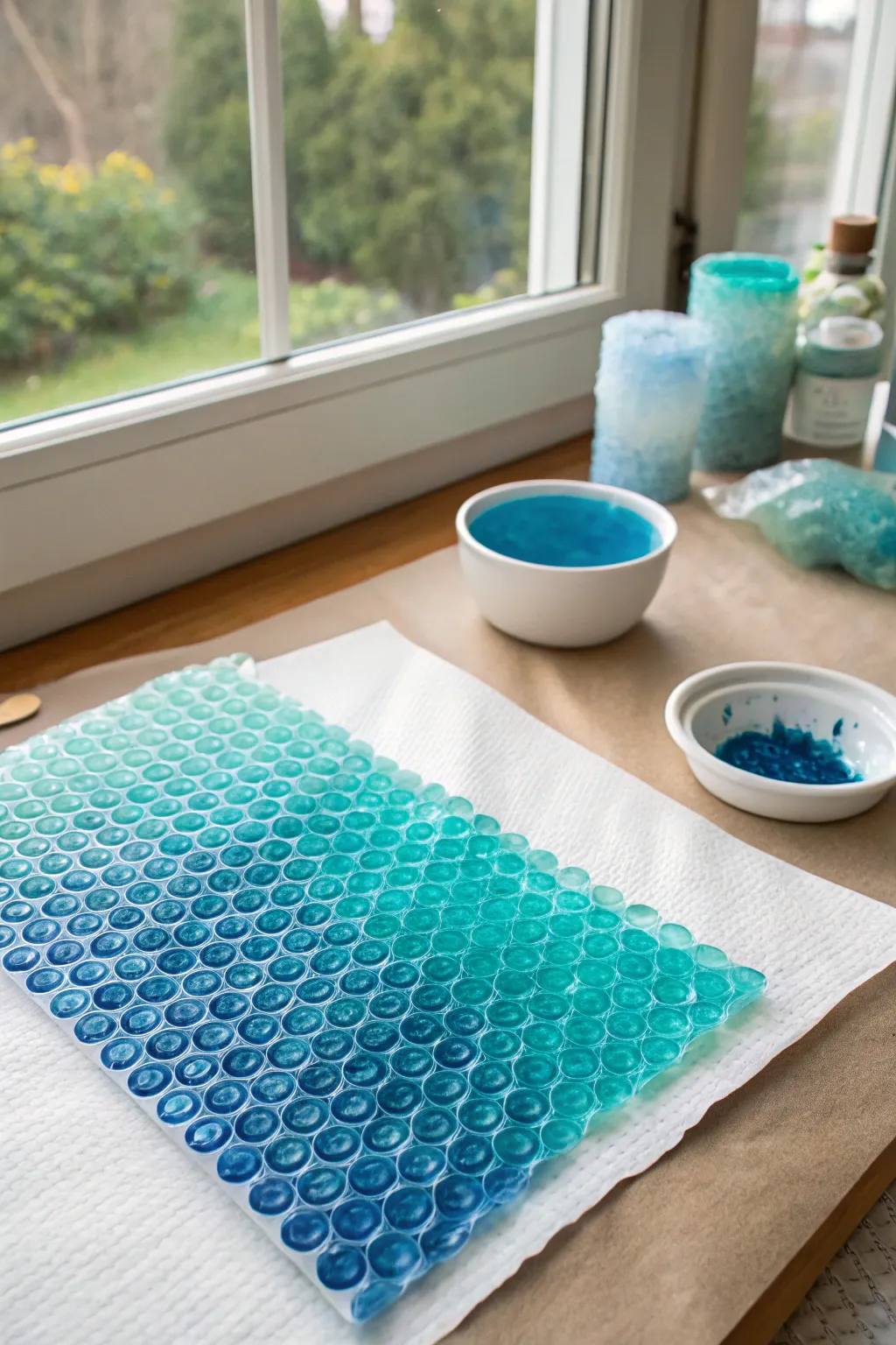Bubble wrap texture prints in ocean blues, creating an easy underwater scene kids will love