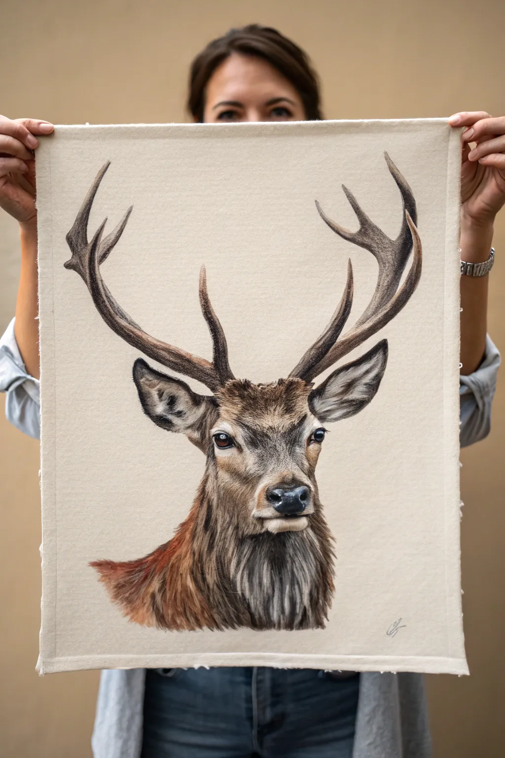 Crisp stag strength study in minimalist neutrals, bold outline and dramatic shadows for a striking piece