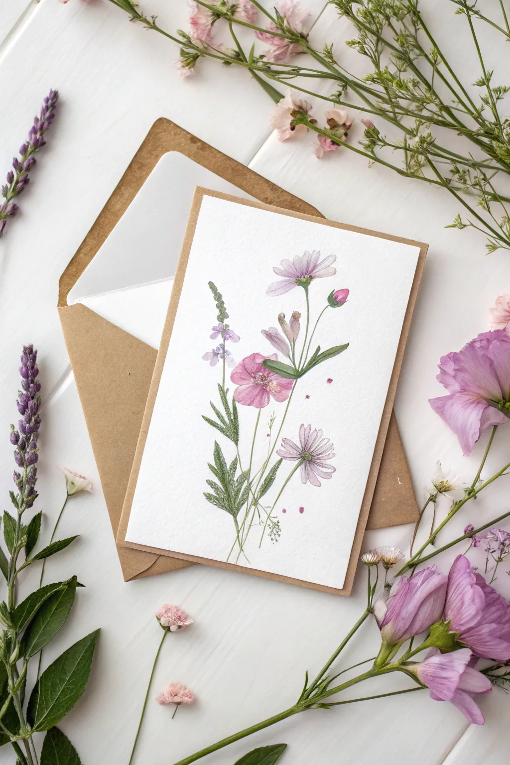 Soft watercolor wildflowers card idea to paint for Mom, simple Scandinavian charm with boho warmth