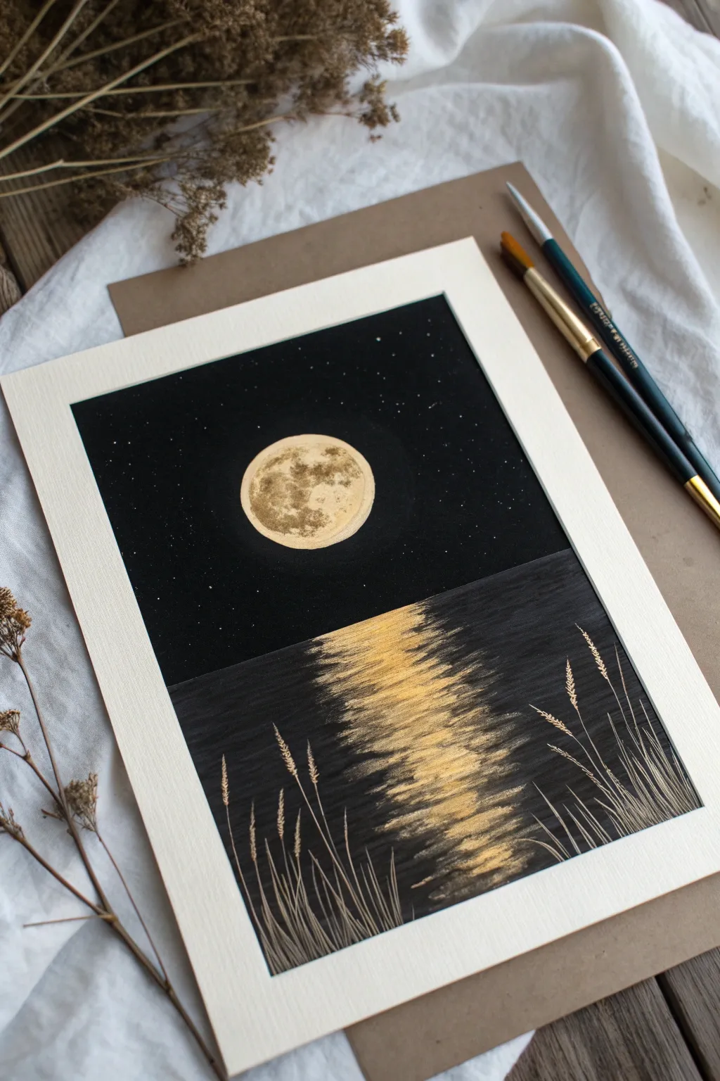 Easy black background moon painting idea with a calm waterline and quick broken reflection strokes.