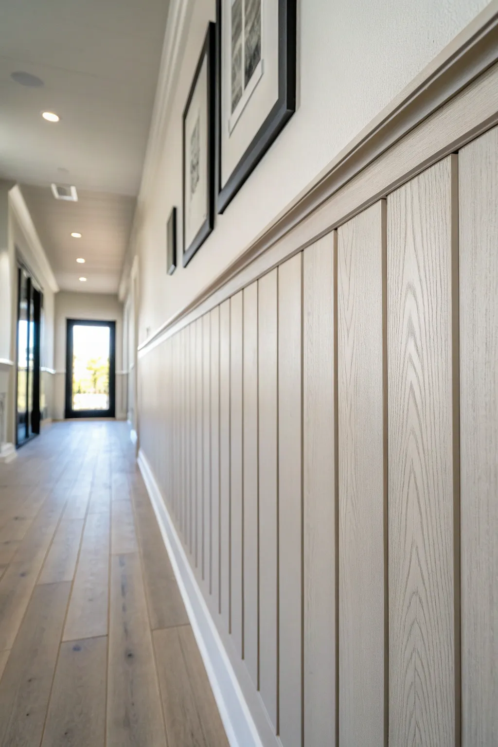 Light greige paneling with subtle wood grain, a modern neutral refresh with crisp contrast.