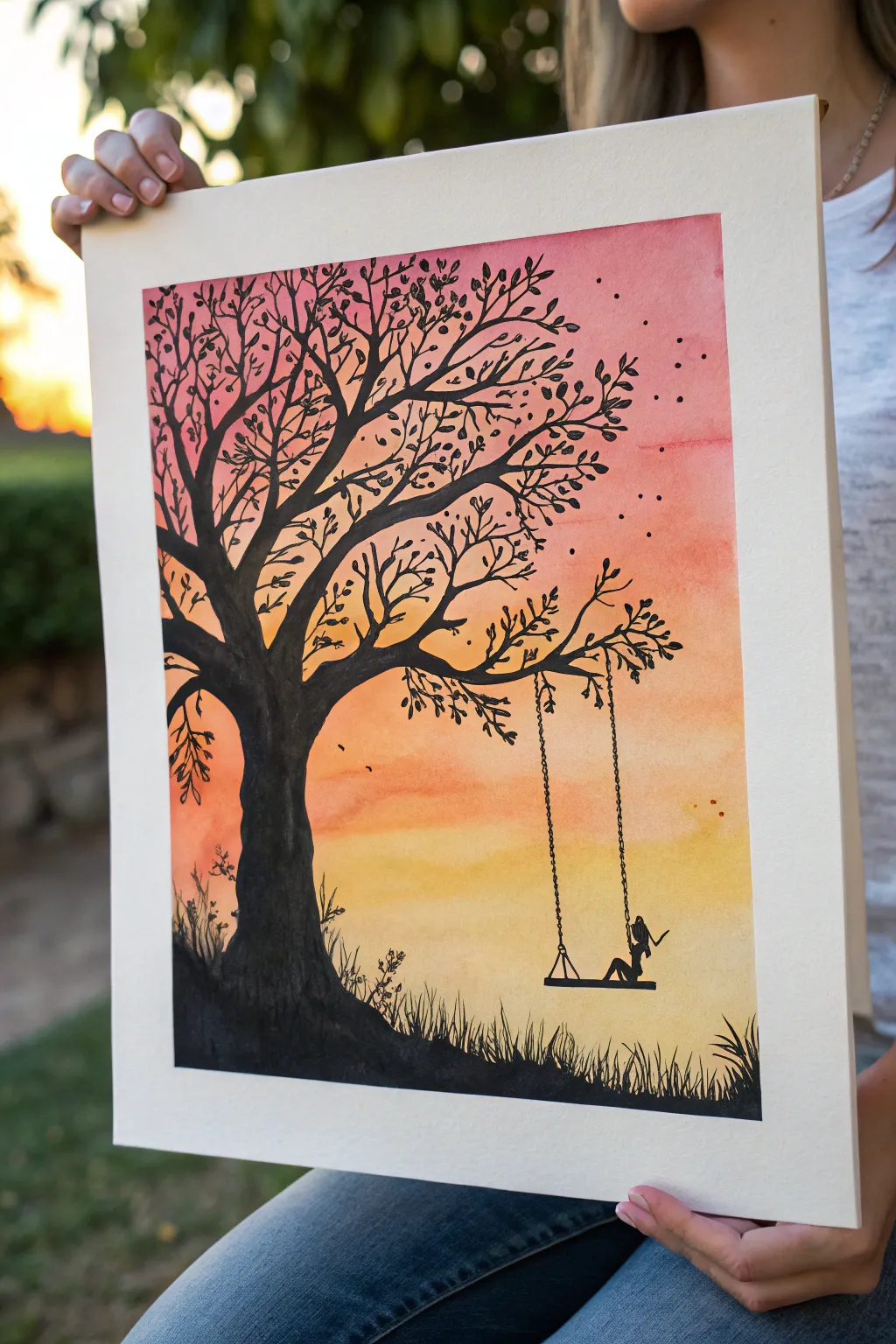 Minimalist silhouette tree with a hanging swing against a warm sunset wash, calm and modern.