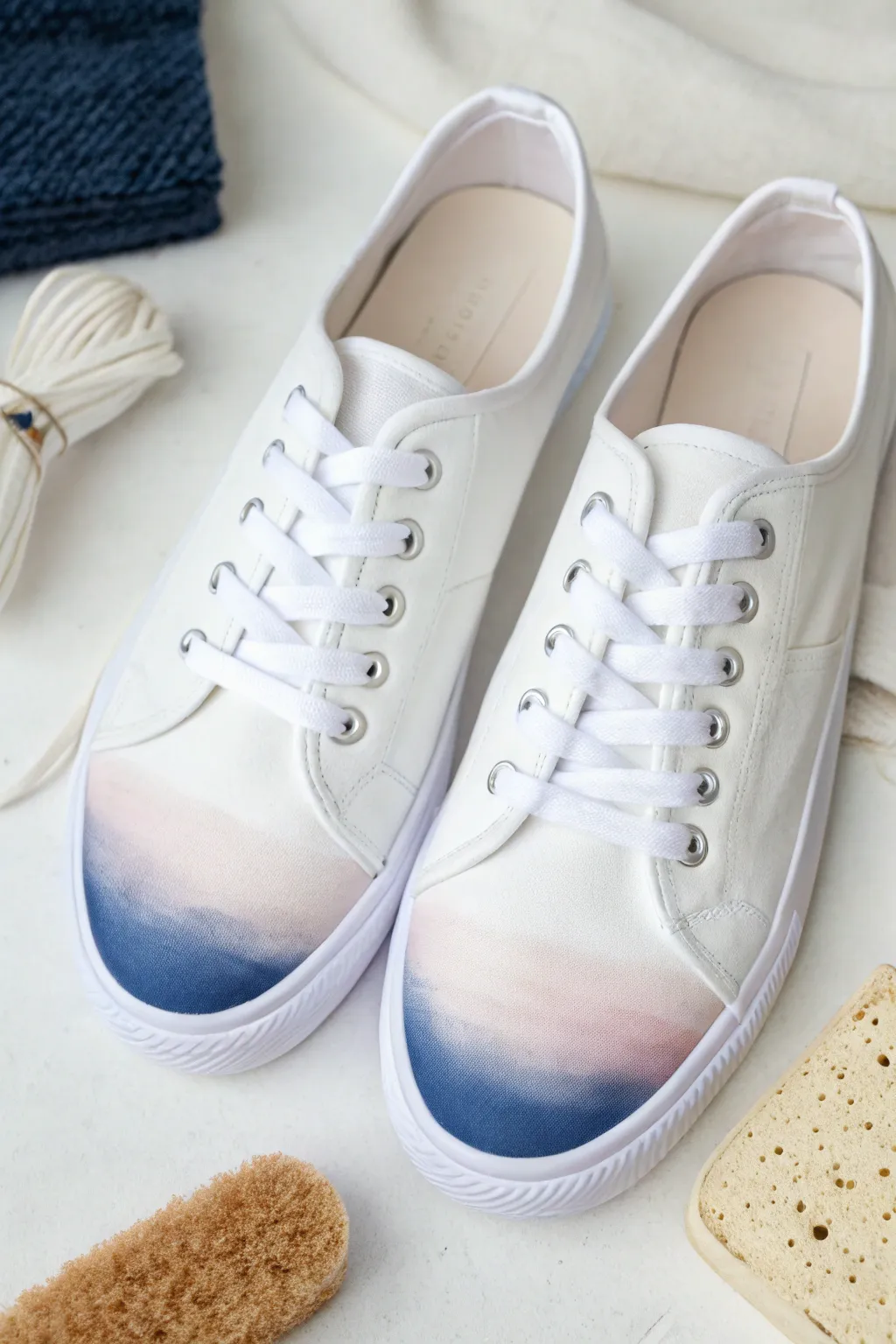 Soft ombre sneakers from deep heel to pale toe, blended with a sponge for dreamy fade panels.