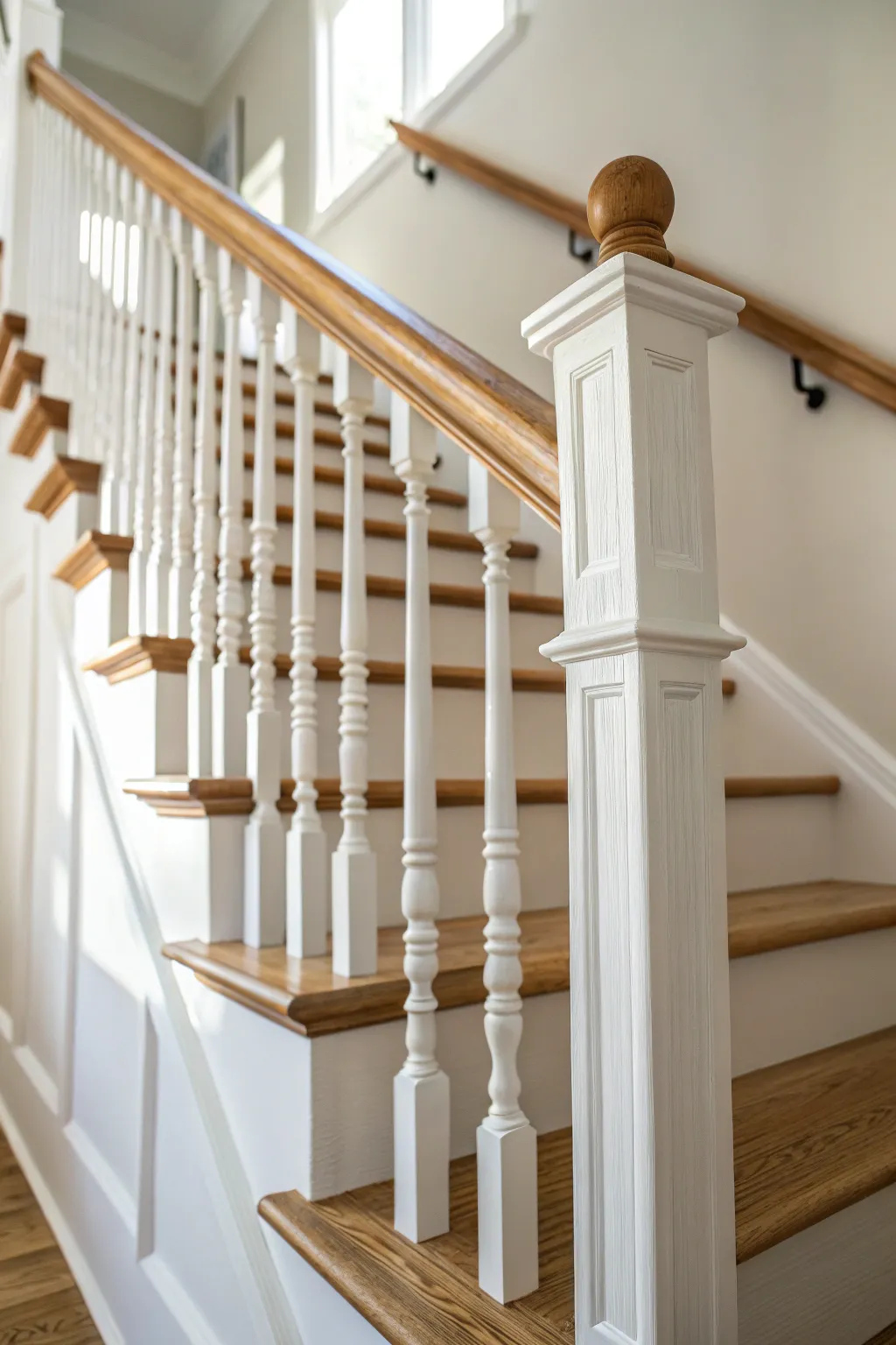 Crisp white spindles against warm oak treads for a cozy, minimal Scandinavian stair moment.