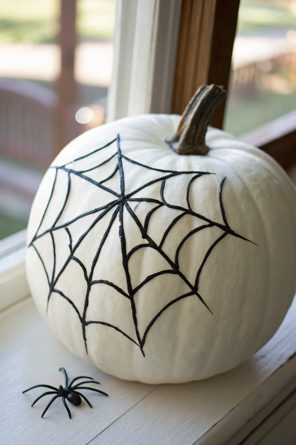 Minimal white pumpkin with crisp black spiderweb lines and a tiny painted spider detail