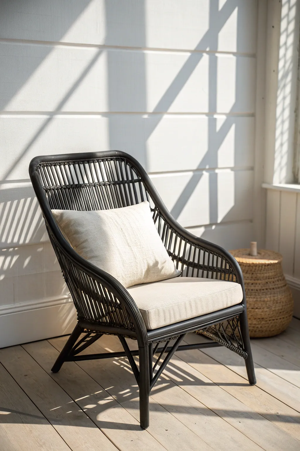 Modern matte black wicker chair with cream cushion, bold contrast for a chic DIY update.