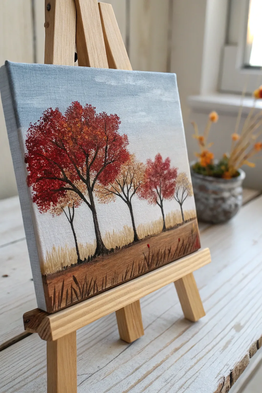 Stamped palette knife foliage in warm autumn tones on a calm sky, minimalist tree line study.