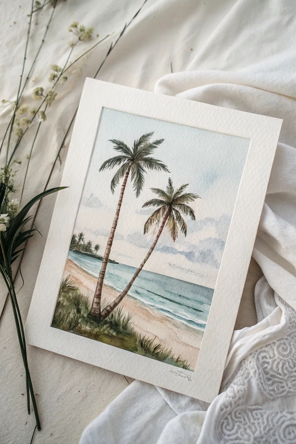 Minimal palm trees frame a serene ocean horizon in a soft Scandinavian-boho watercolor scene.