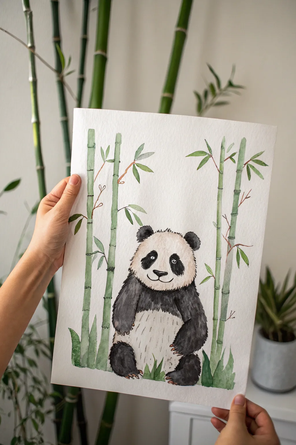 Minimal panda in a light bamboo forest, Scandinavian boho watercolor idea for beginners