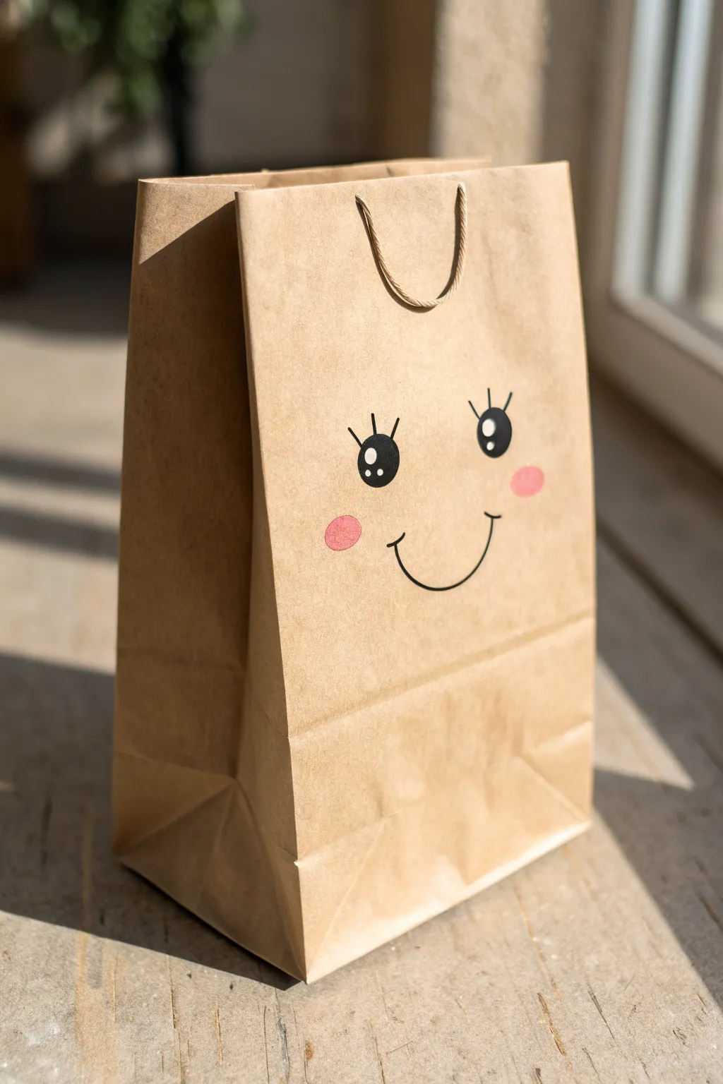 Minimal kraft gift bag with a cute hand-drawn smiley face and rosy cheeks, front-facing.