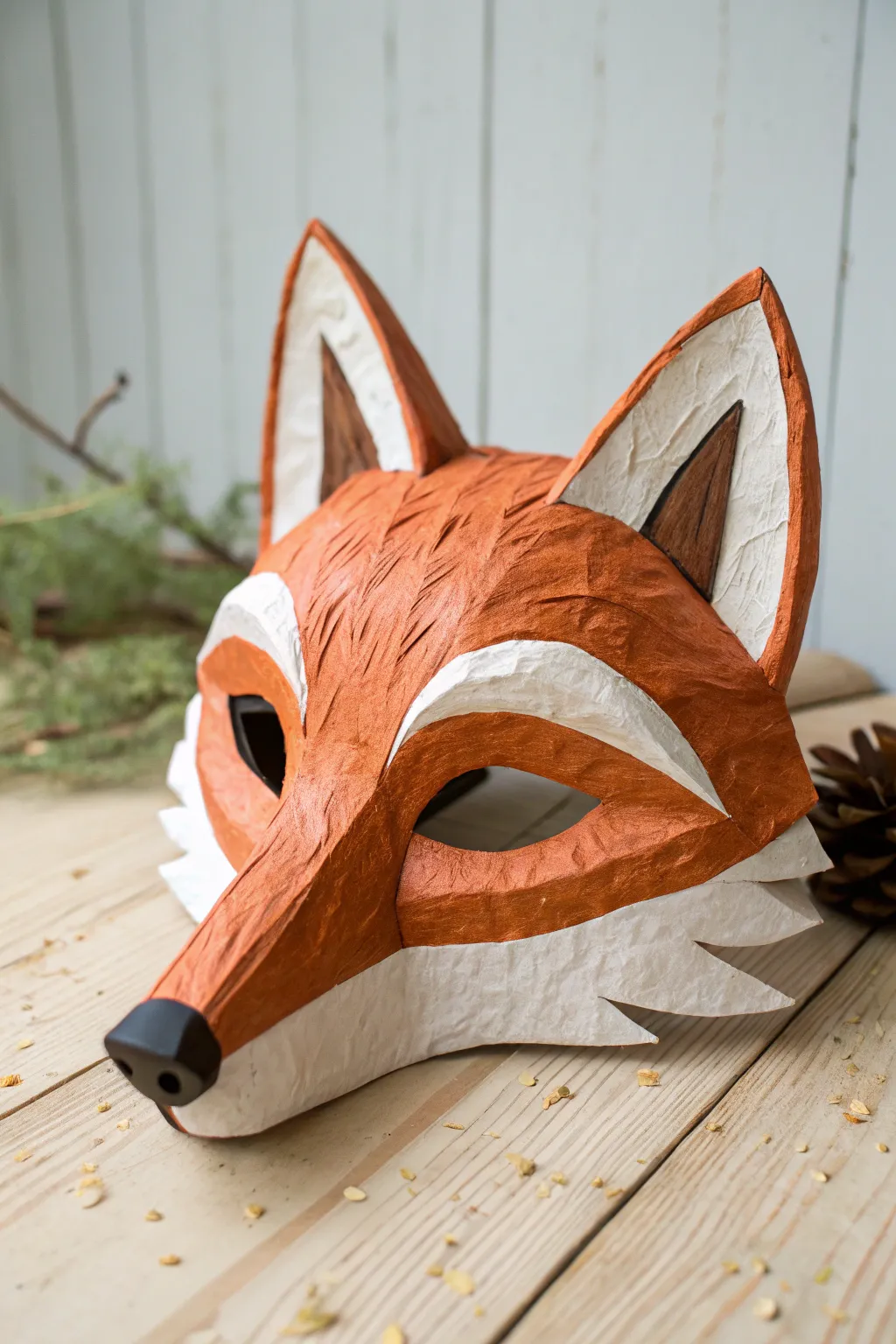 Sculpt a friendly fox mask with a paper-strip snout, warm orange tones, and crisp white details.