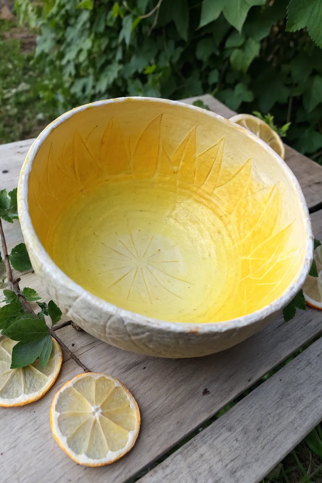DIY lemon ombre paper mache bowl idea: soft citrus gradient with simple wedge lines.