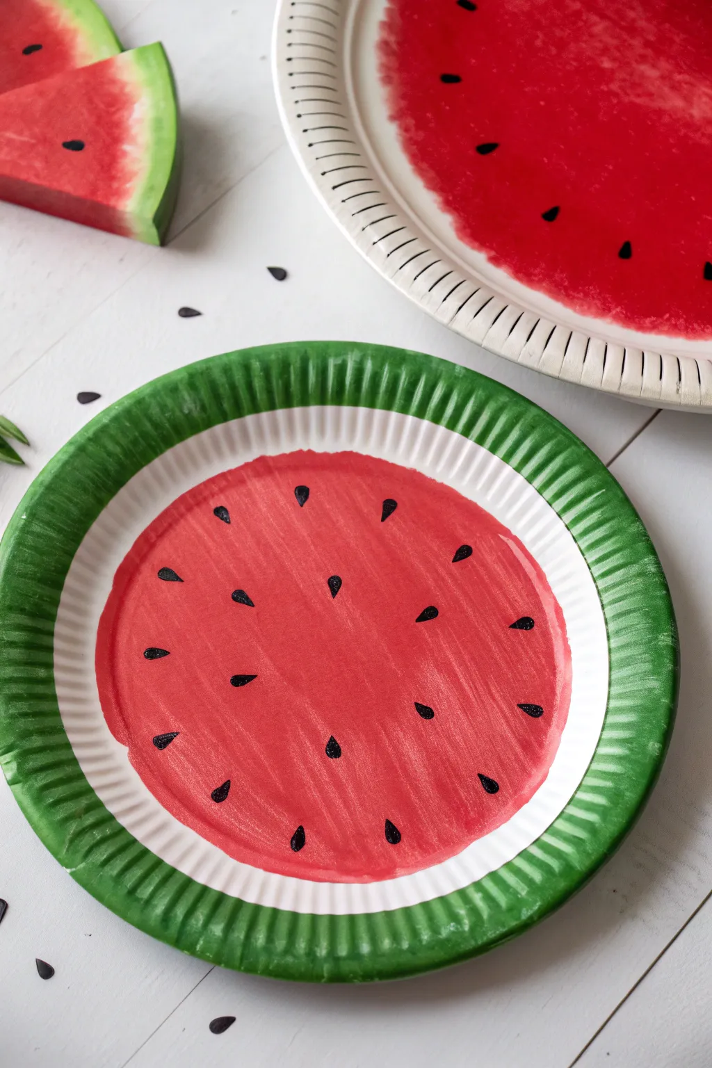 Watermelon slice paper plate painting with crisp contrast and cozy minimalist craft vibes