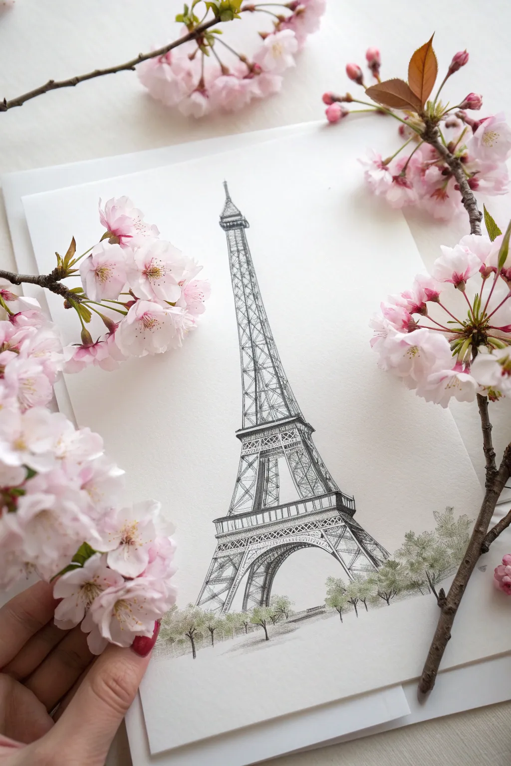 Soft watercolor cherry blossoms framing the Eiffel Tower, minimalist Paris spring sketch idea.