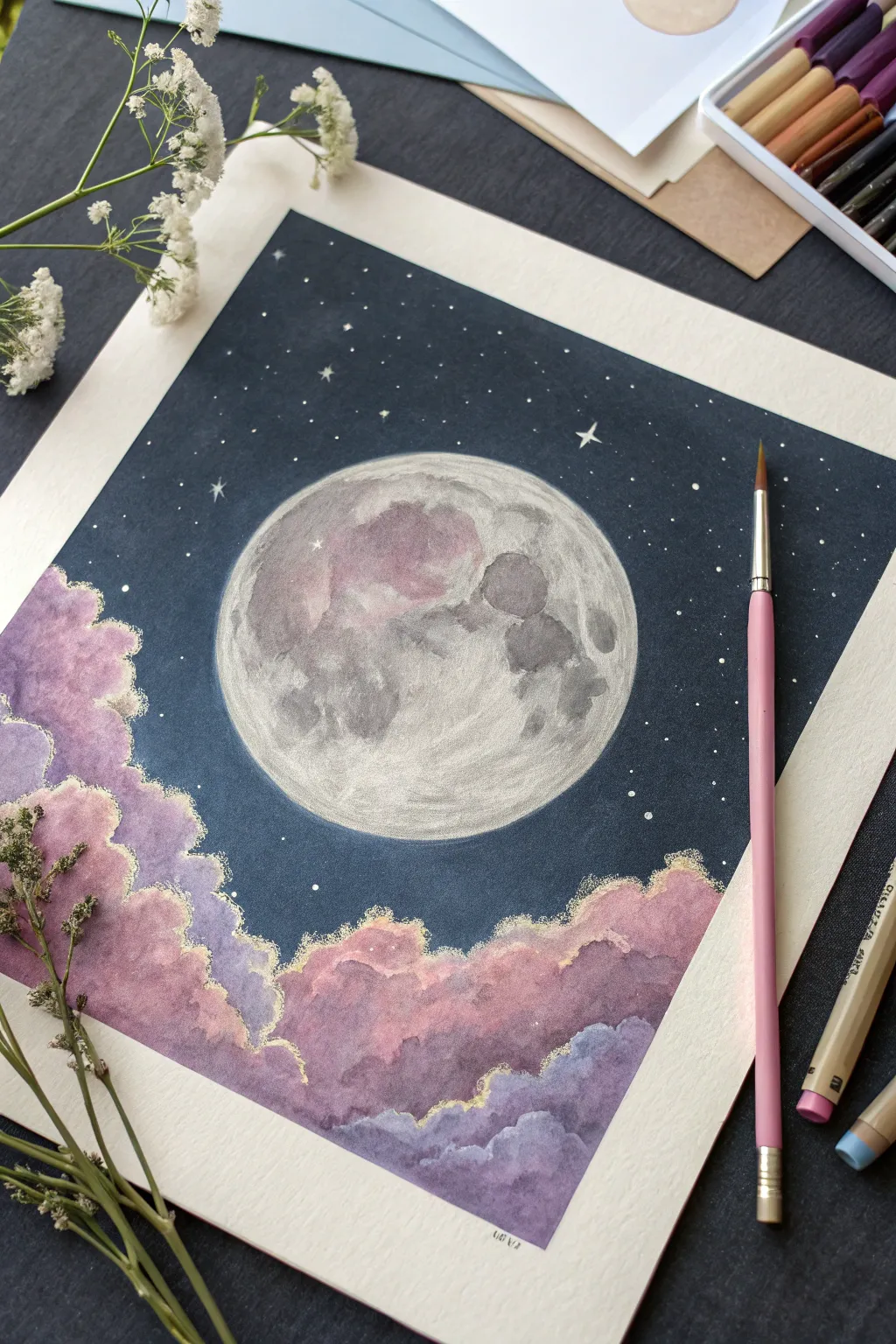 Glowing pastel moon with soft clouds and bold contrast for a calm minimalist night-sky study