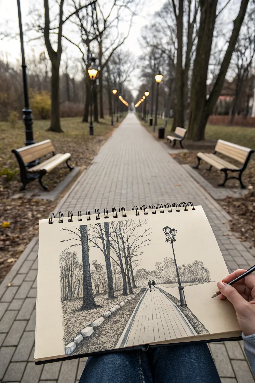 Minimal park path drawing: lamp posts in perspective, soft trees and benches, calm Nordic mood