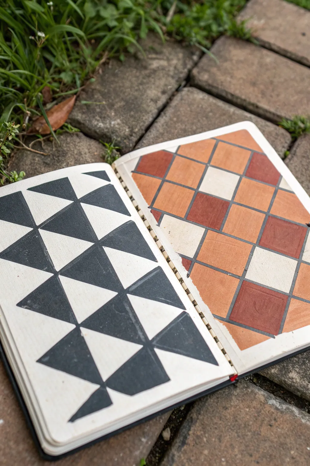 Hand-painted checkerboard and offset squares study in minimal boho neutrals, crisp and graphic.