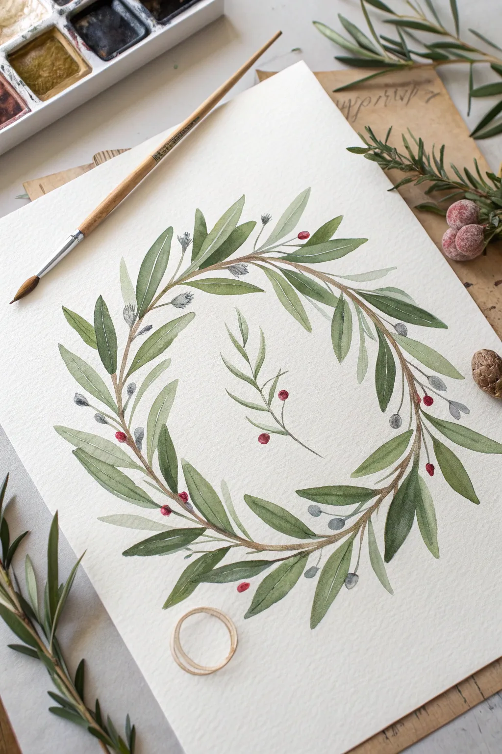 Olive branch wreath in layered greens and tiny berries, with calm open center for a peaceful mood.