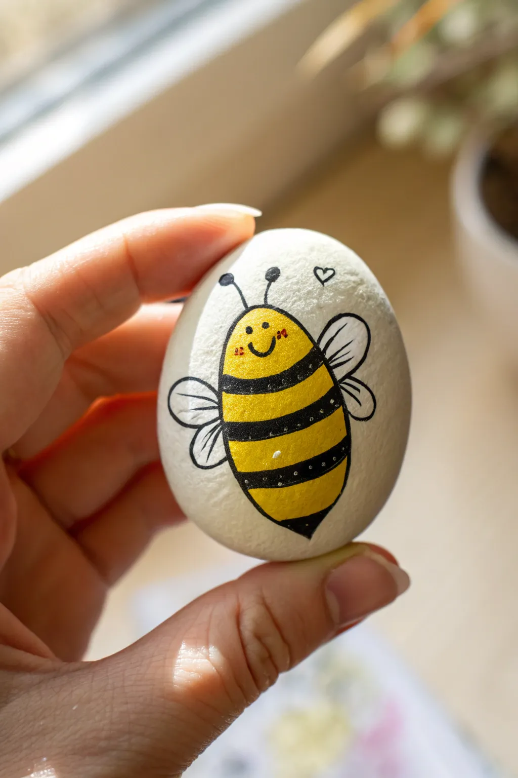 Busy bee pebble design: simple yellow and black stripes with tiny wings, cute and beginner friendly.