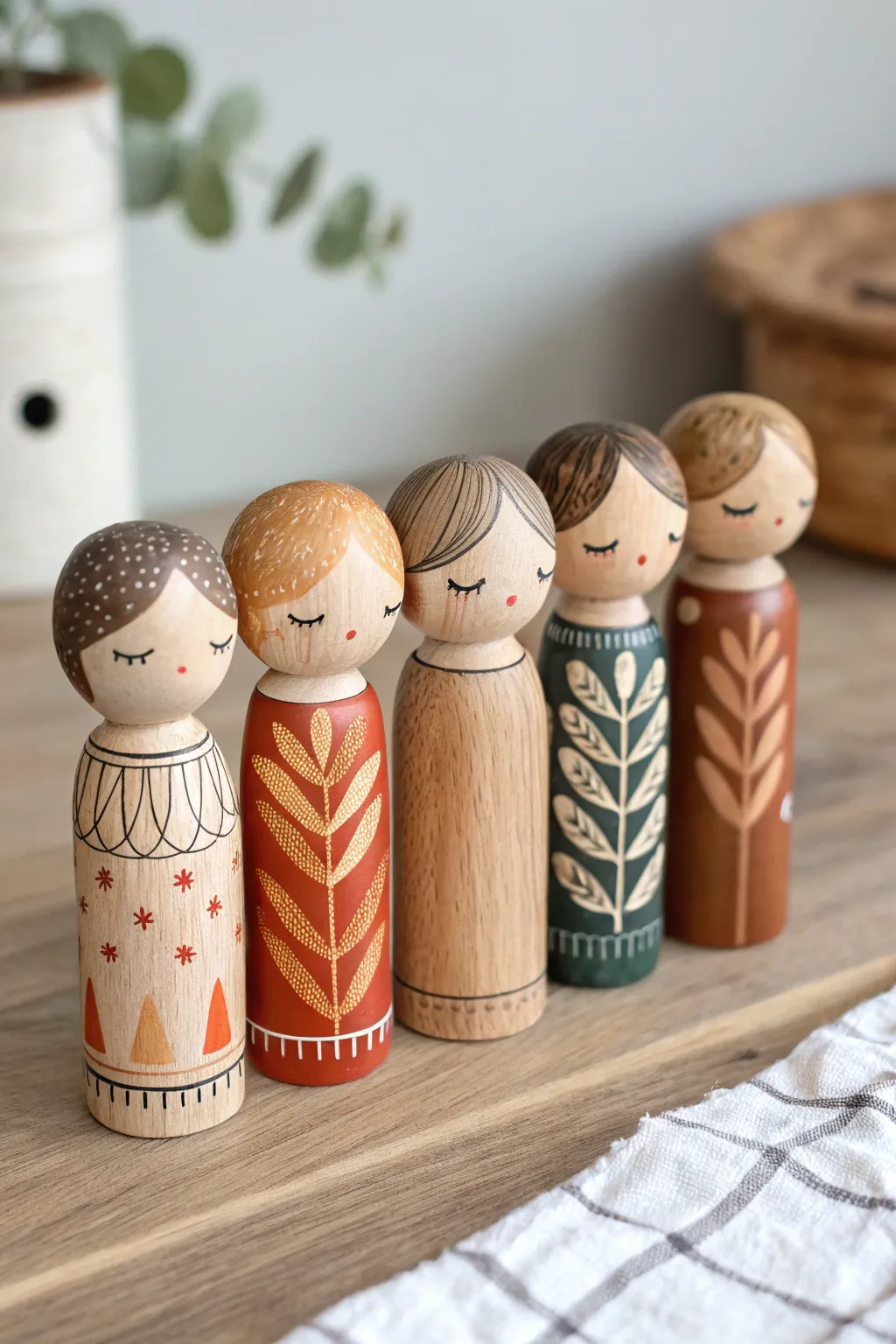 Painted peg doll hairlines and bangs: minimalist hairstyle ideas in soft Scandinavian tones.