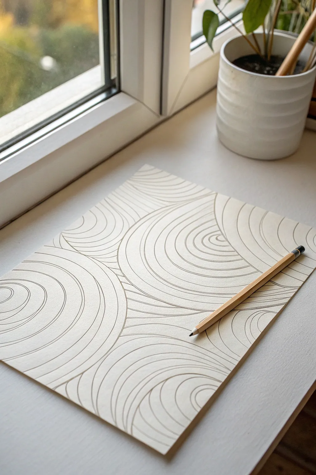 Topographic contour lines in pencil, minimalist and calming, with dark centers and airy outer rings.