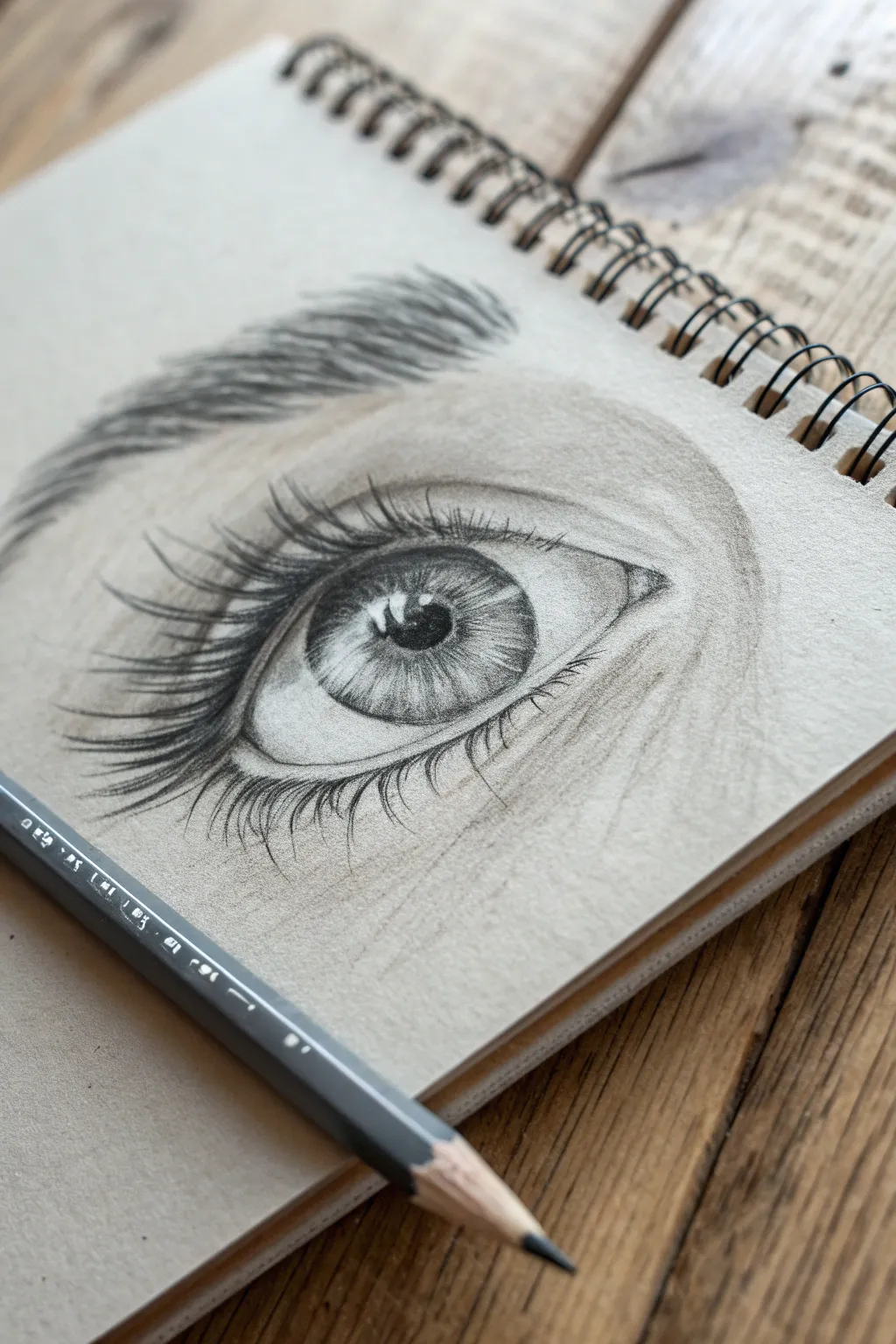 Realistic pencil-shaded eye with wet highlights, blended sclera shading, and hatched lashes.