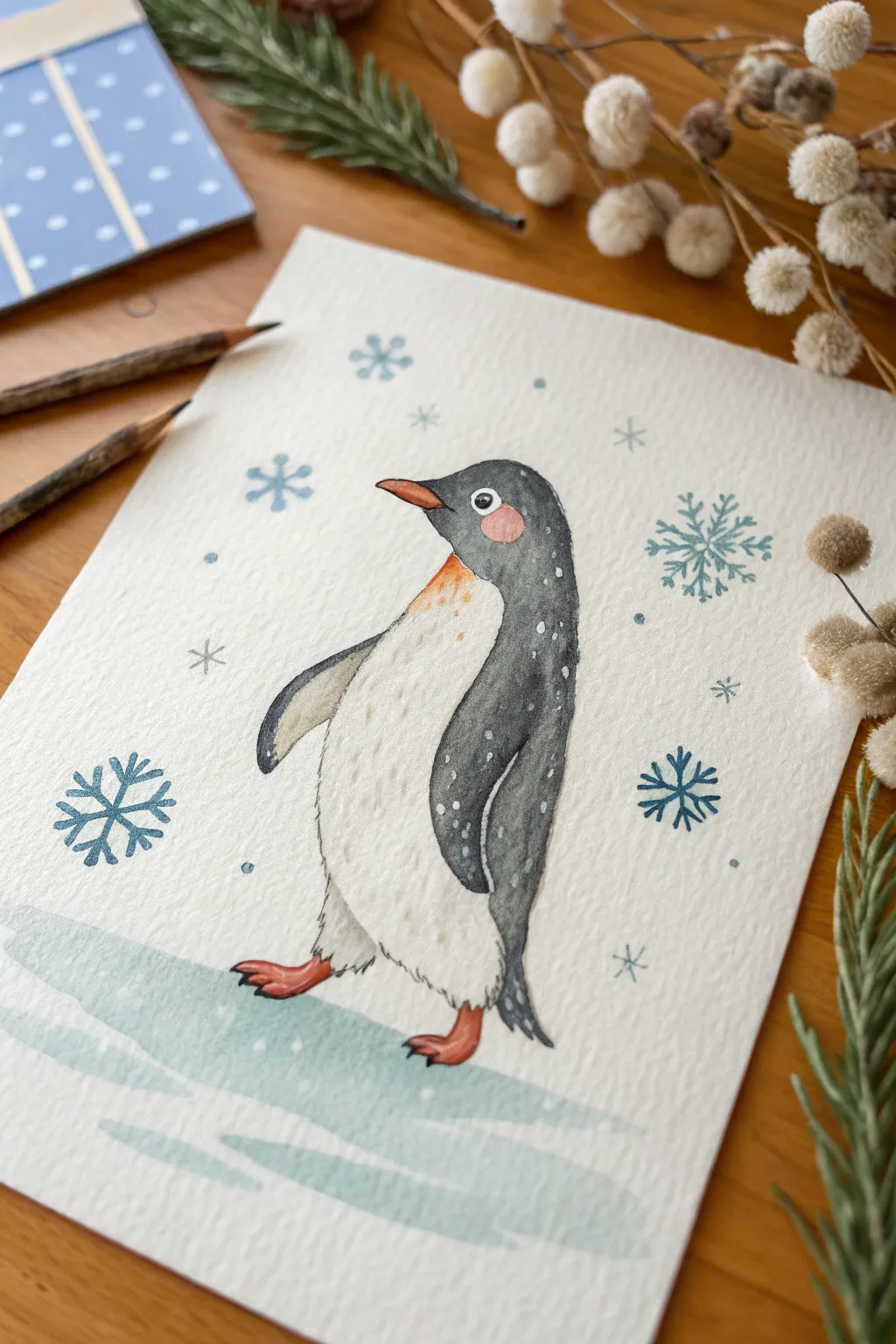 Waddling penguin in falling snow, minimalist Scandinavian-boho style with playful depth dots
