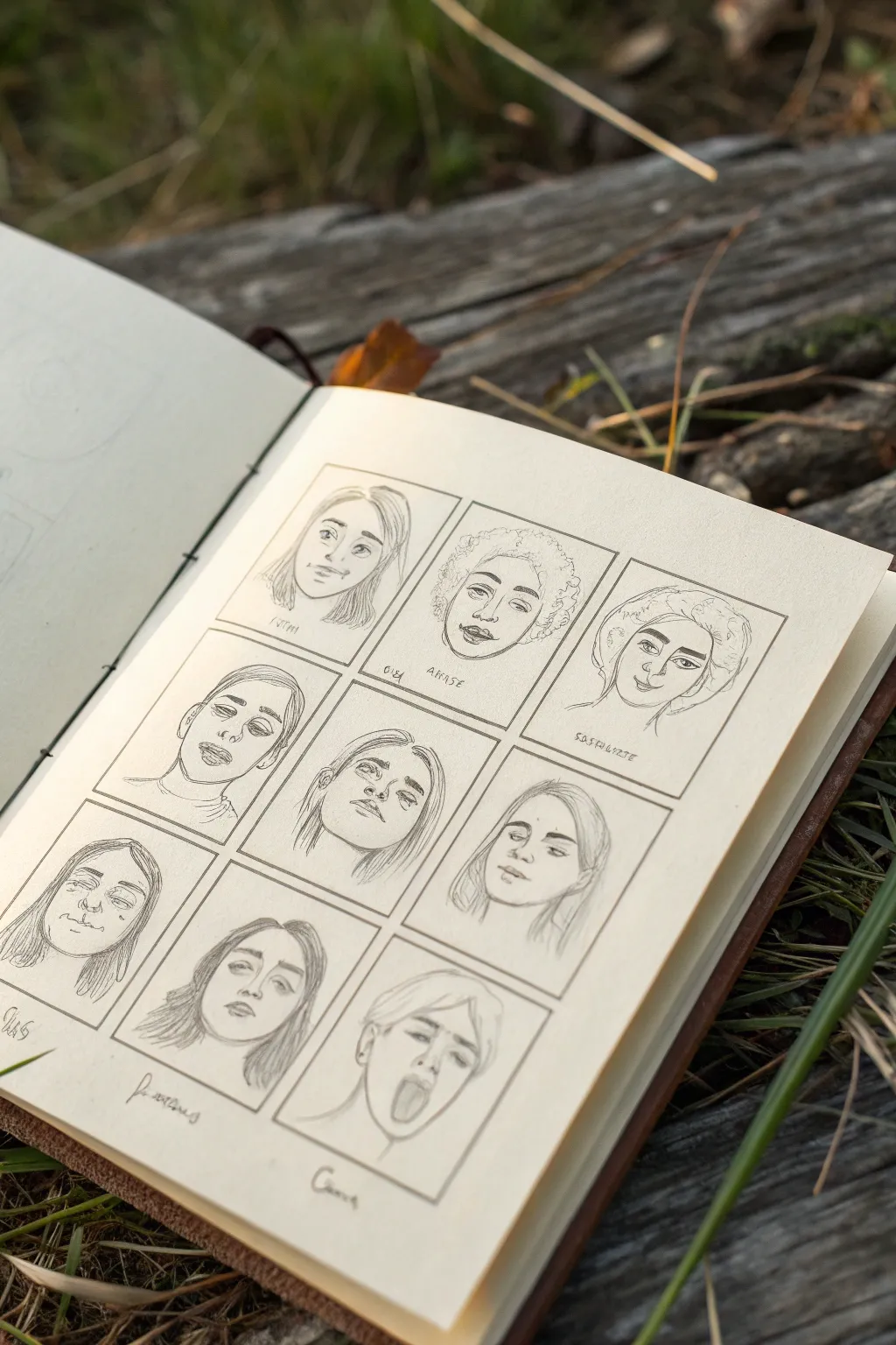 Eight expressive sketch faces in a clean grid, a playful cheat sheet for practicing portraits