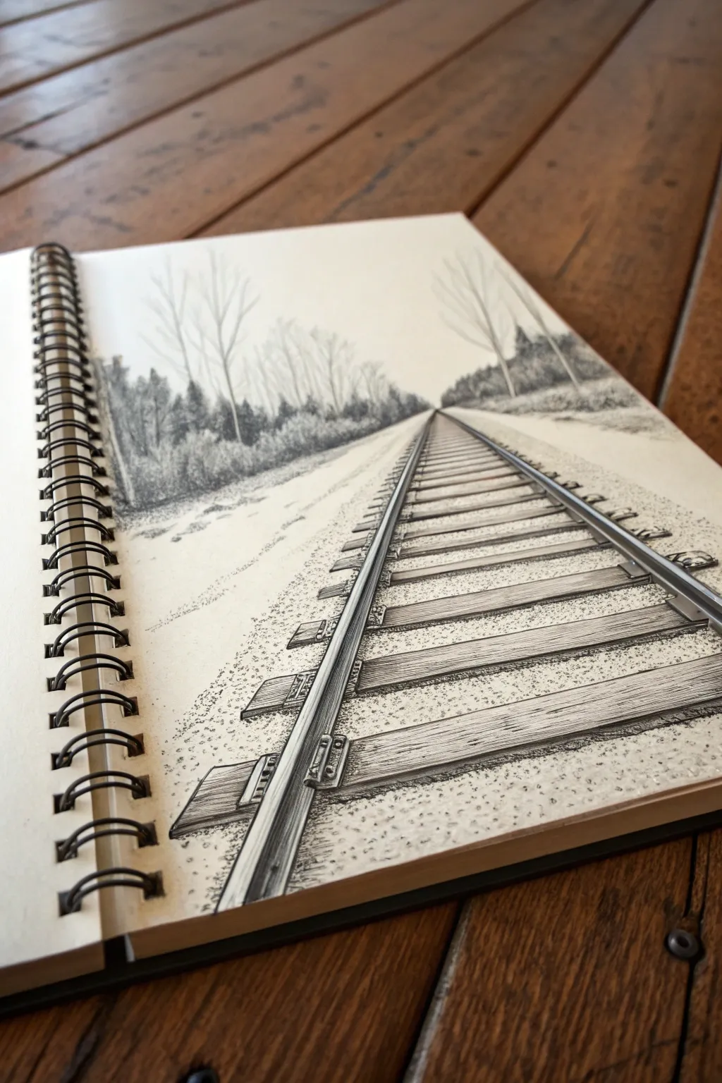 Simple one-point perspective: railroad tracks that pull the eye to a clear vanishing point.