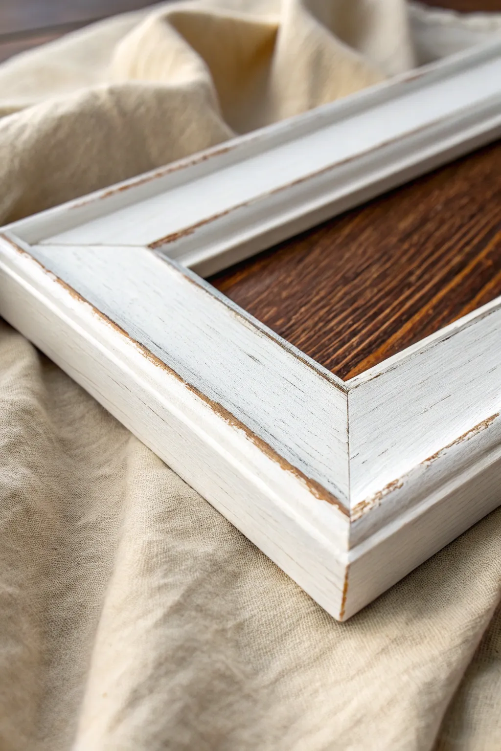 Create a cozy distressed farmhouse look by revealing wood grain under white paint.