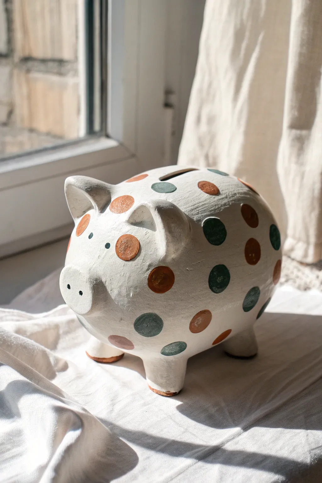 Simple white piggy bank with terracotta, sage and charcoal dots in soft Scandinavian light.