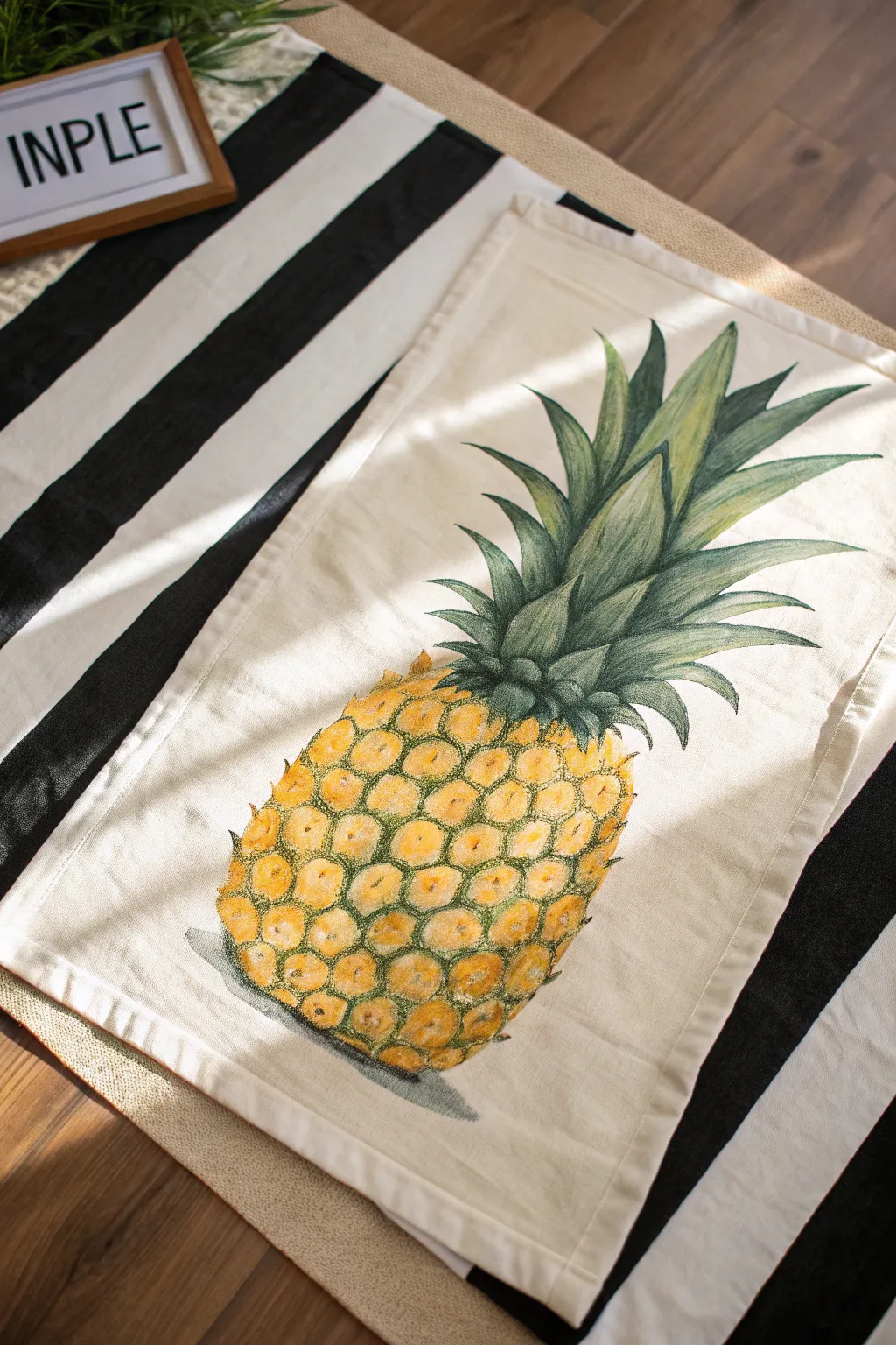 Bright pineapple on bold stripes for a minimalist Scandinavian look with a soft boho feel.