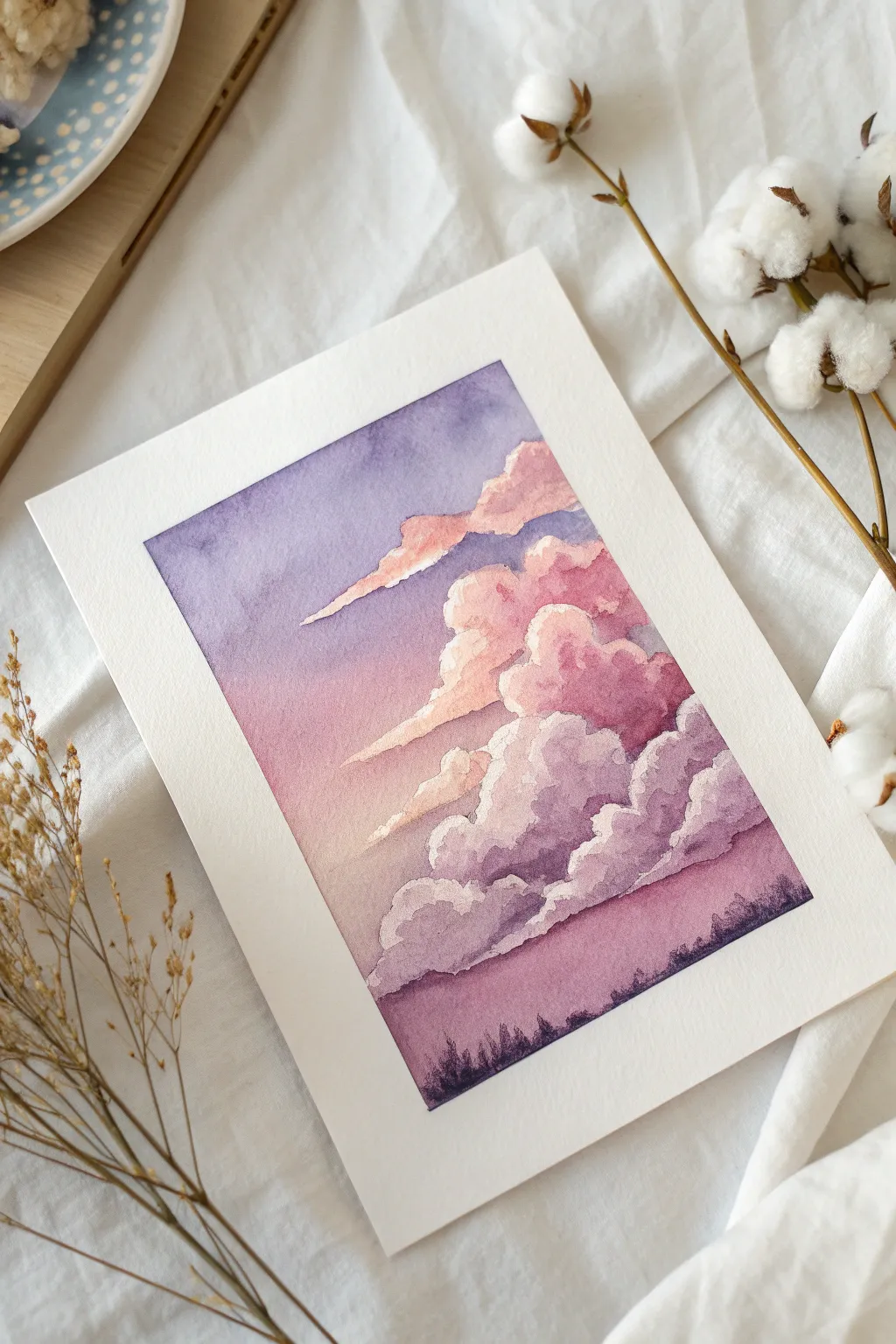 Soft pink and lilac clouds drifting through a deep violet wash, simple and dreamy to paint.