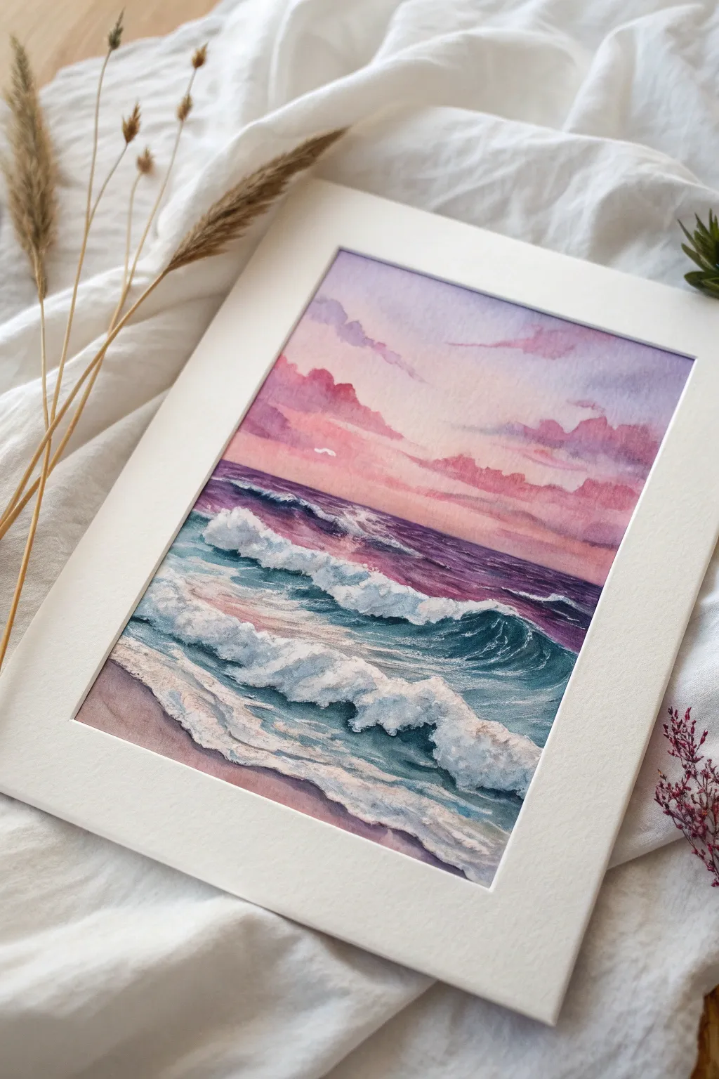 Dreamy rose and magenta waves with crisp white foam, a fantasy sunset seascape to paint.