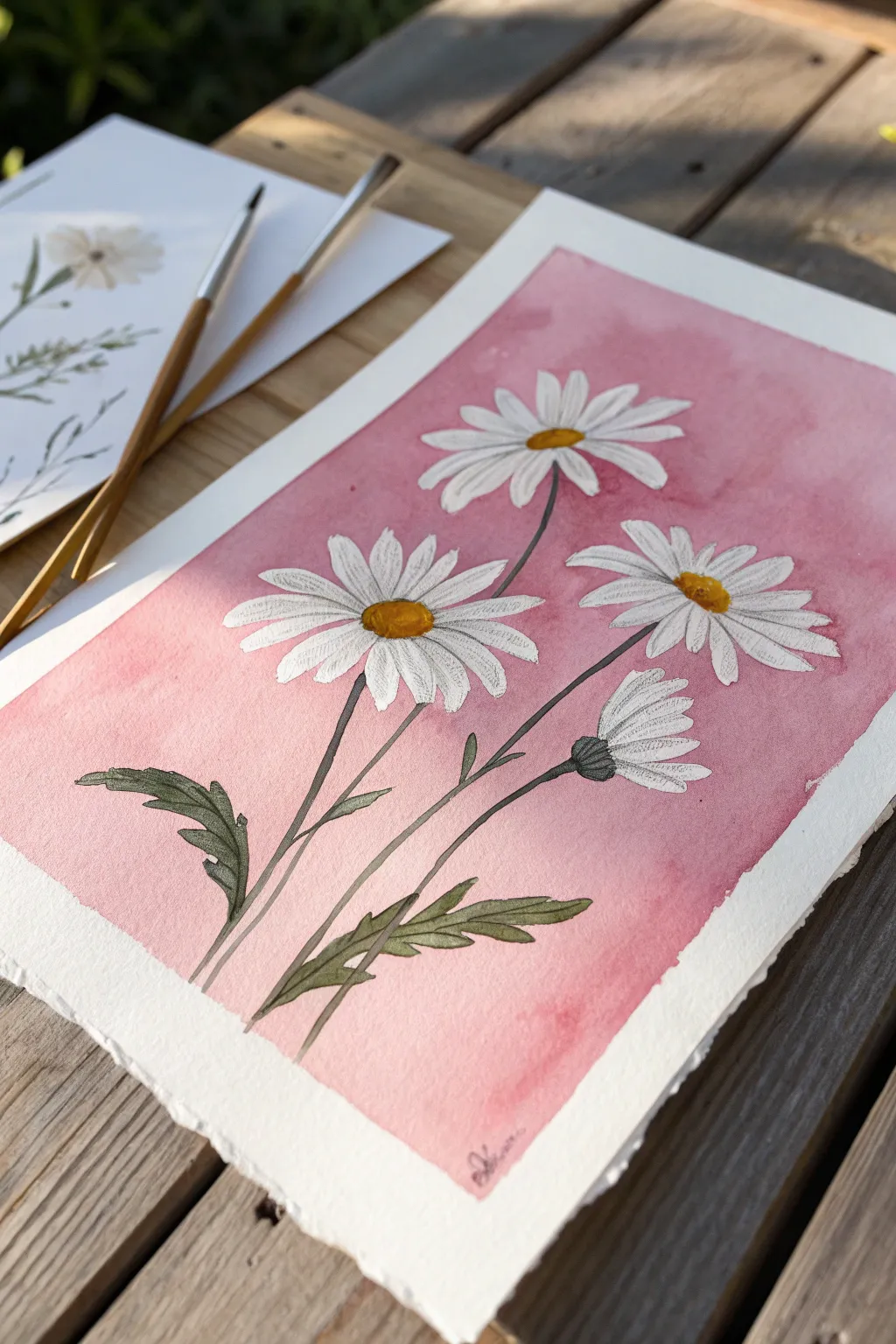 Easy pink painting idea: simple white daisies with yellow centers, clean contrast and modern charm.