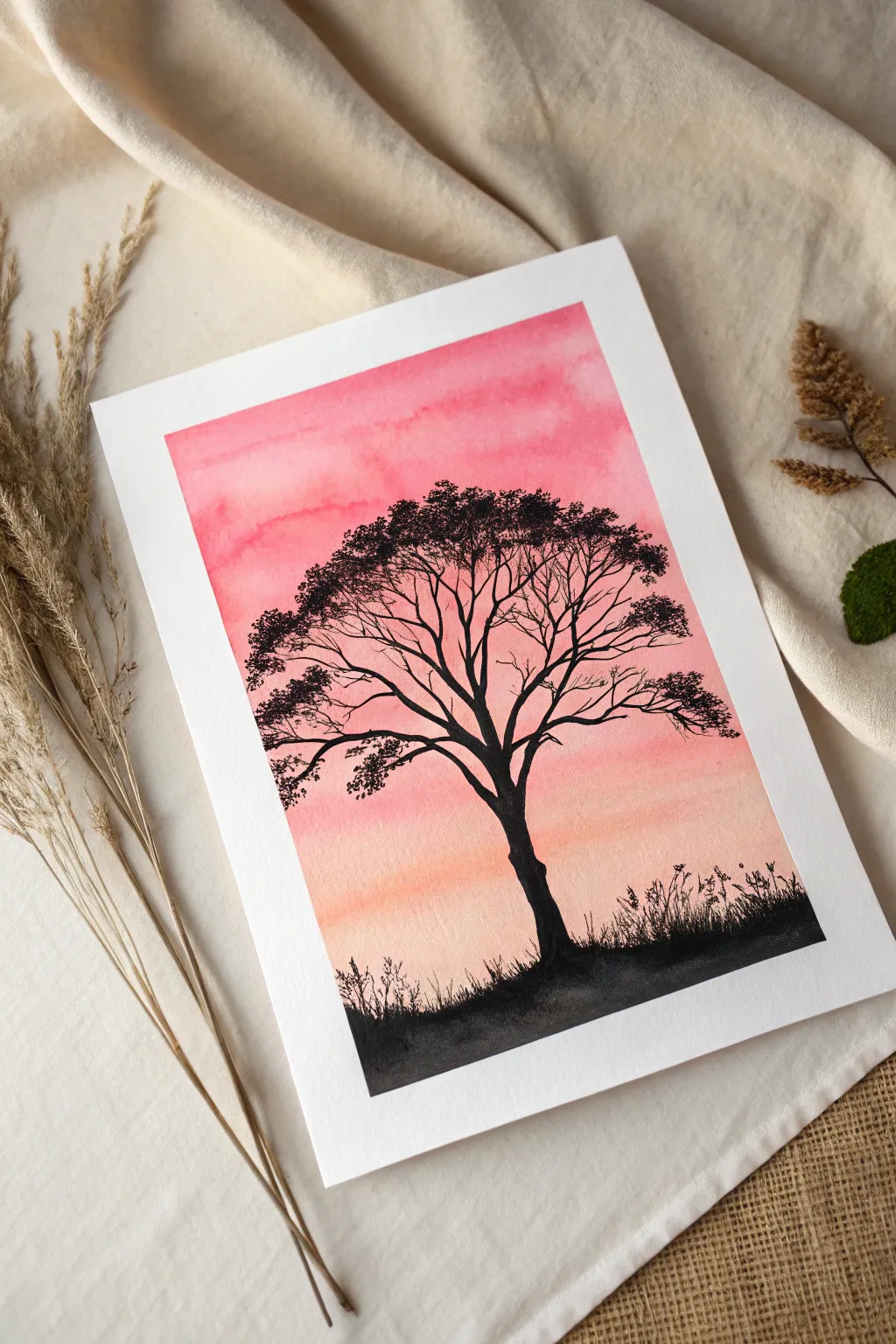 Crisp black tree silhouette on a dreamy pink gradient sky for a bold, beginner-friendly painting