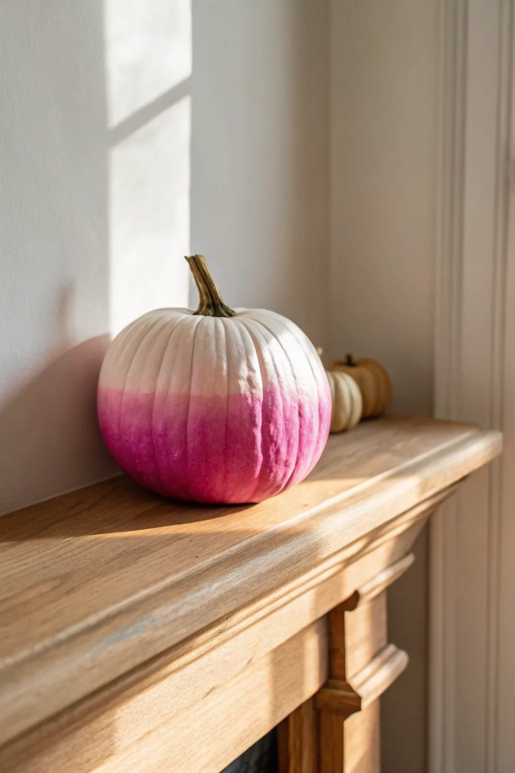 Ombre pink pumpkin in soft rose to bold fuchsia, minimalist styling with gentle shadows