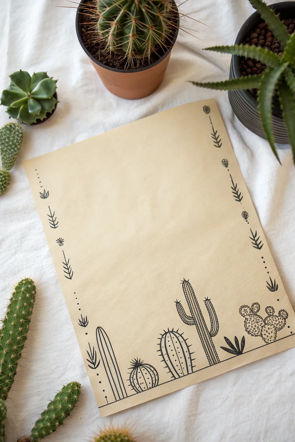 Minimal cactus doodle lineup in black ink on warm paper, perfect plant drawing inspo