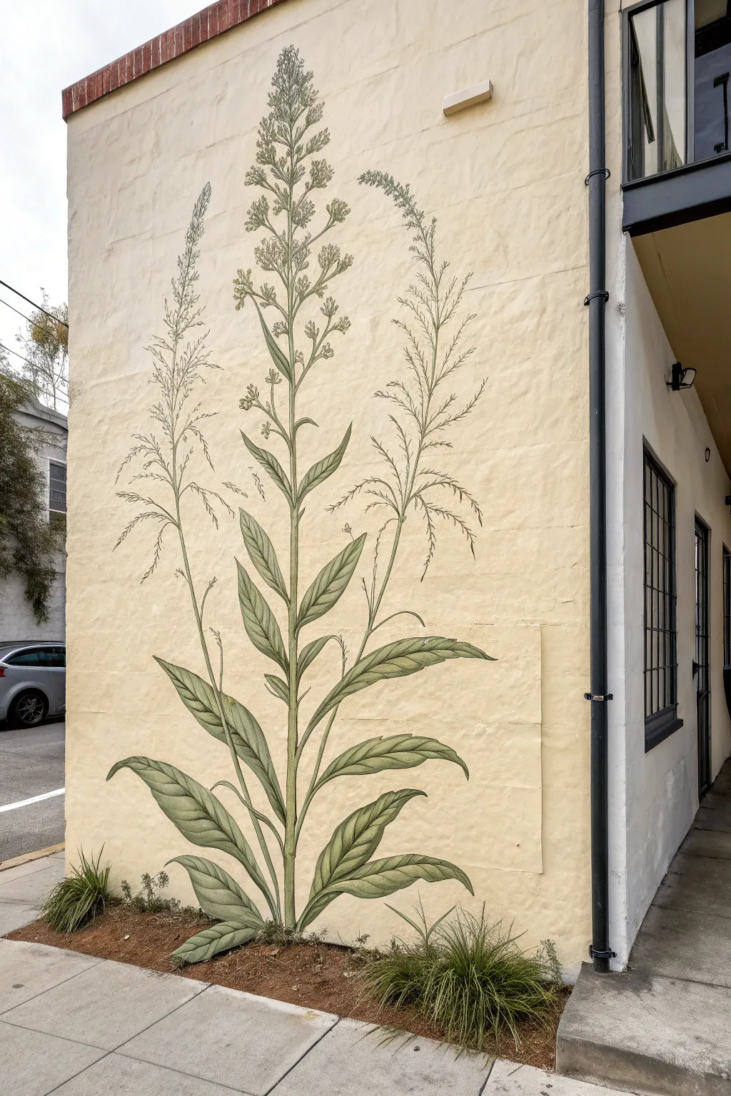Vintage botanical mural look with muted greens, fine ink lines, and warm Scandinavian styling.