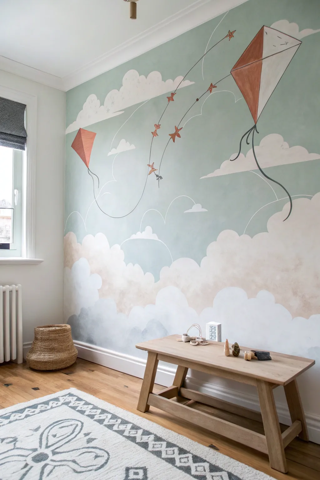 Calm cloud mural with floating kites above a simple play table, minimalist boho charm.