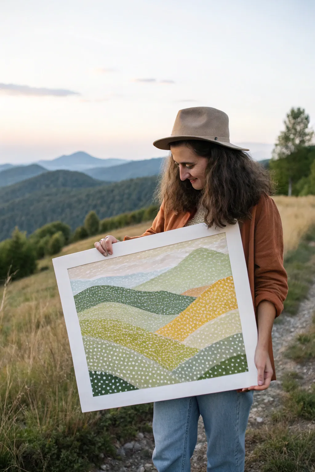 Try pointillism with calm rolling hills, built from simple color blocks of dots in fresh greens.