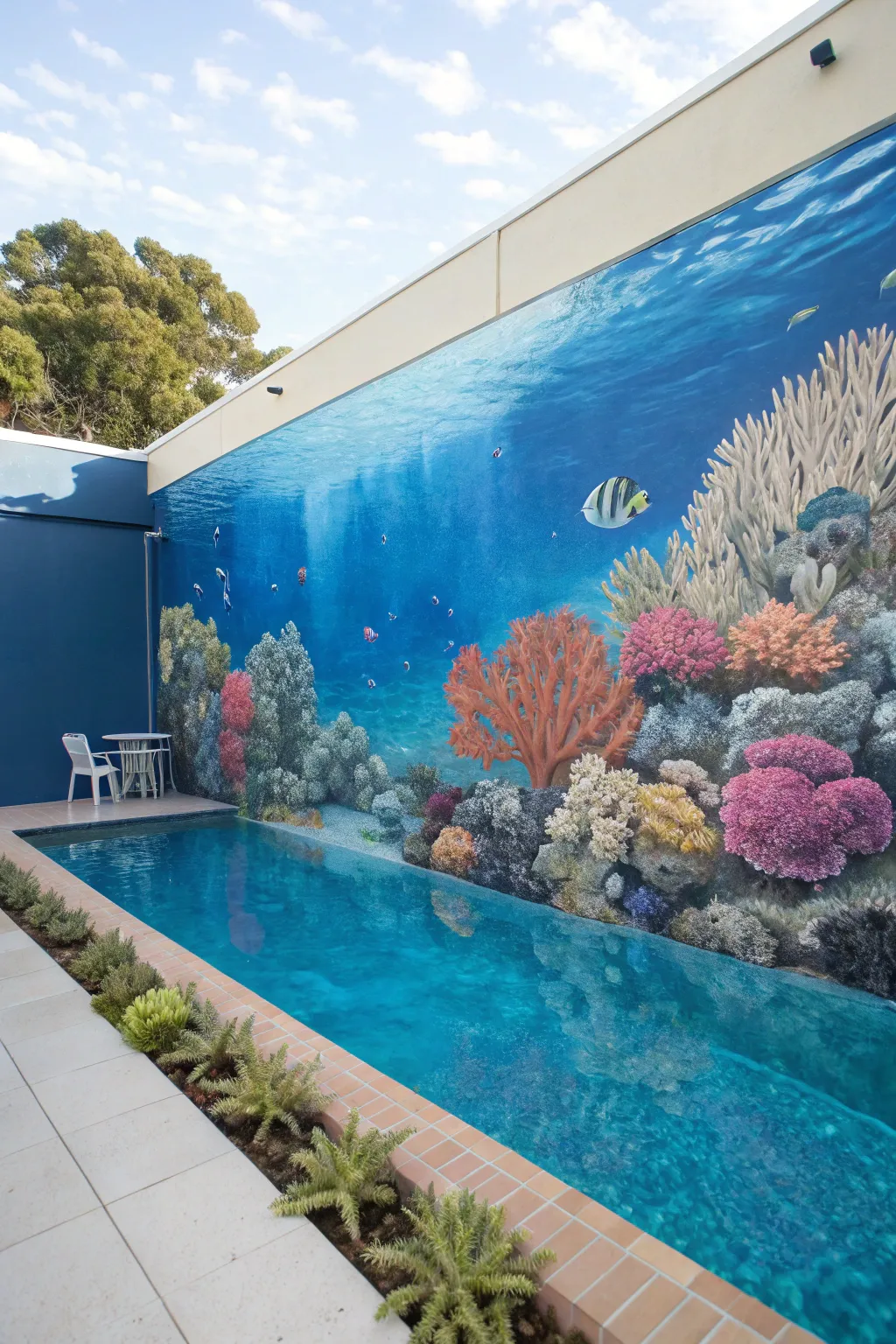 Soft Scandinavian pool mural: coral reef panorama with bright fish and calming blue water