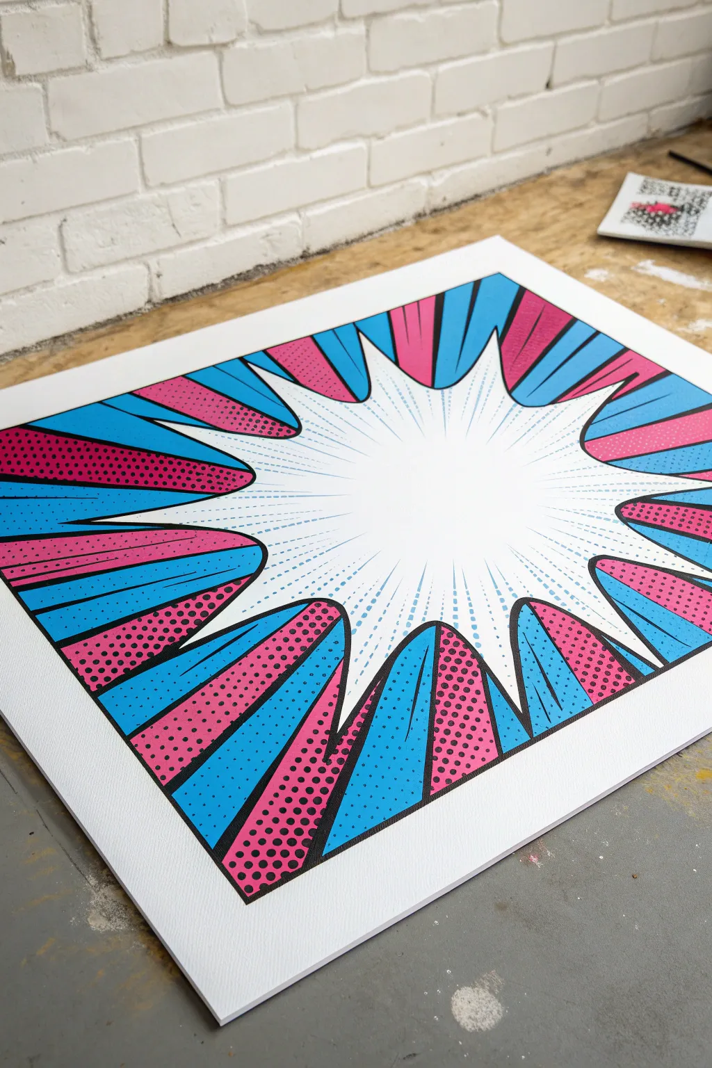 High-contrast corner speed-line explosion with clean center space, minimalist pop art boho feel