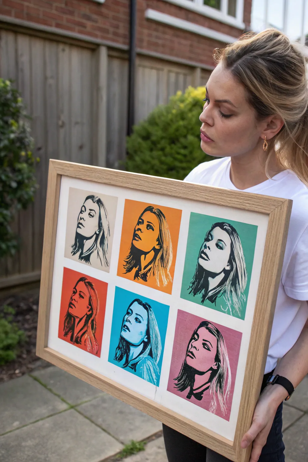 Four-panel pop art portrait grid with bold color shifts, crisp linework, and minimalist charm