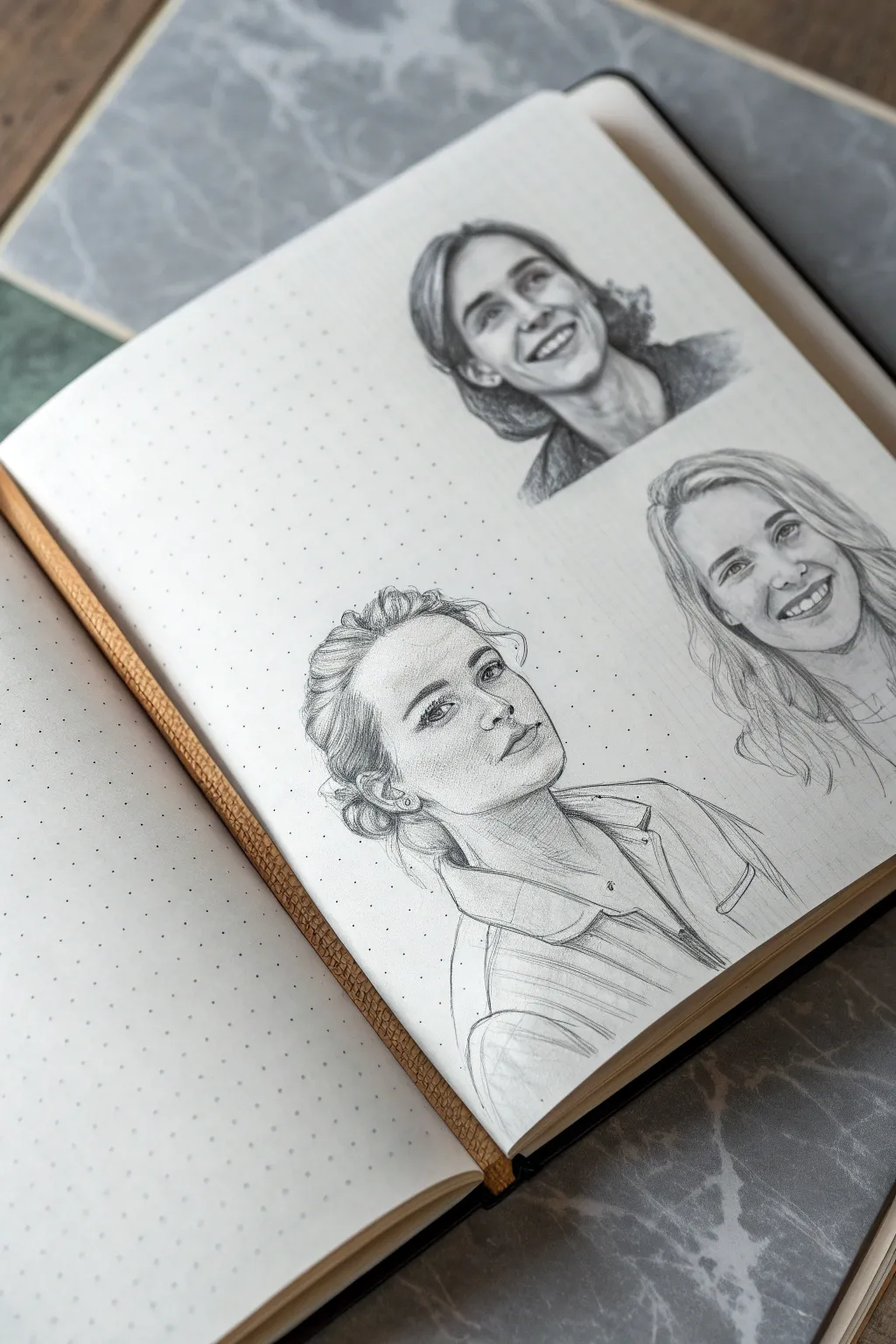 Smiling face sketch study sheet with varied features, clean minimal mood, joyful and easy to copy